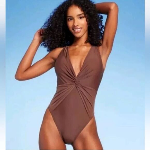 Shade & Shore ~ NEW Cocoa Brown One-Piece Twist Front Plunge Women’s Swimsuit - Picture 10 of 11